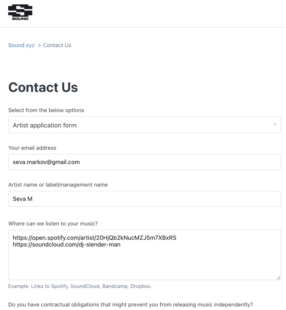 Sound.xyz Artist Application Form