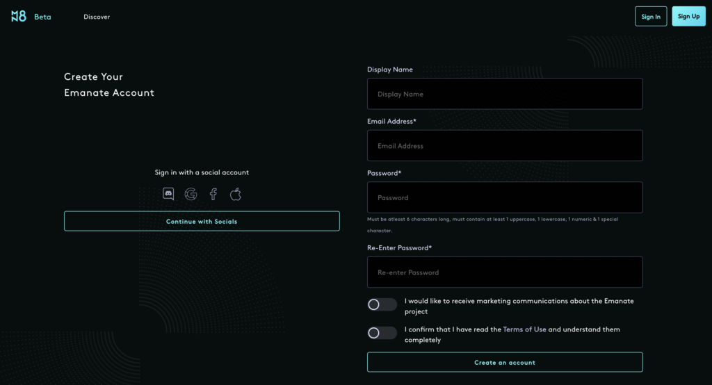 emanate.live registration screenshot