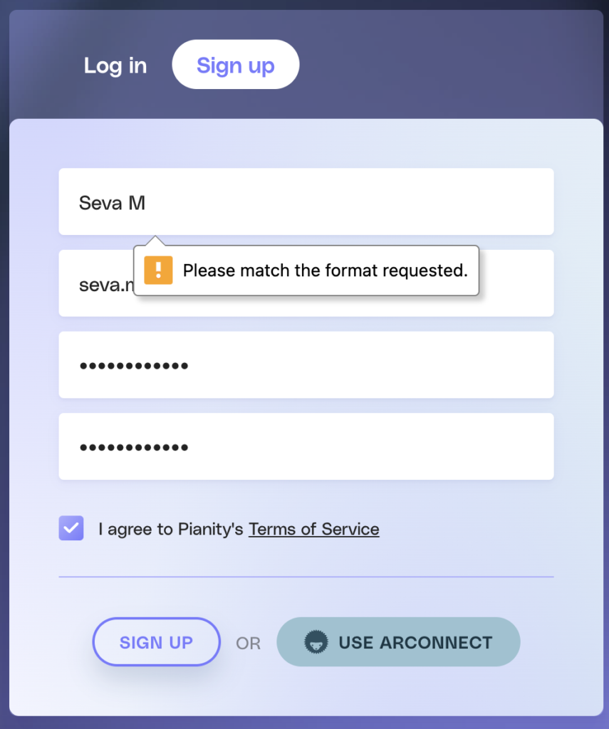 Pianity Sign up form screenshot