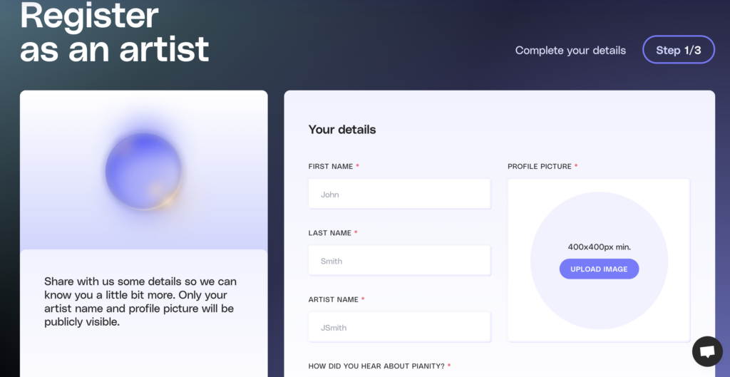Register as an artist on Pianity - form screenshot step 1