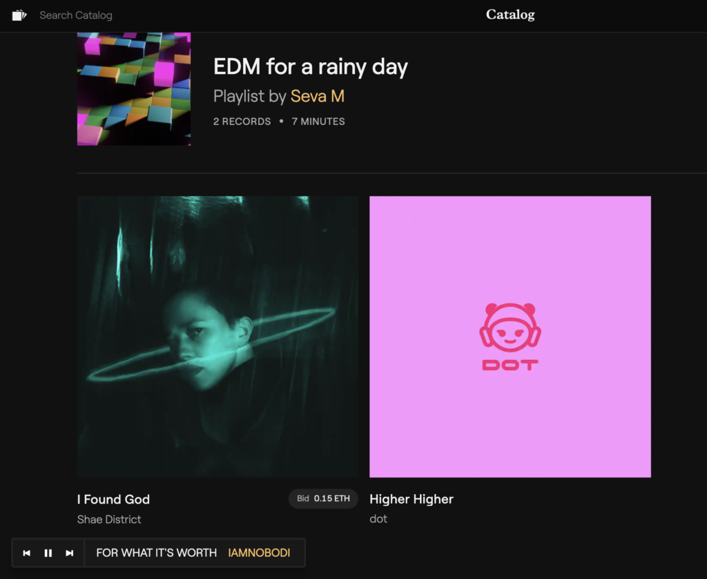 catalog.works screenshot of a space i created with two EDM tracks added to it