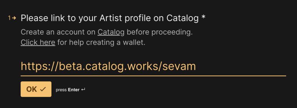 Artist submission form screenshot from catalog.works music nft platform 