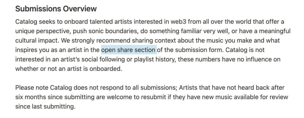 Artist onboarding FAQ catalog.works screenshot