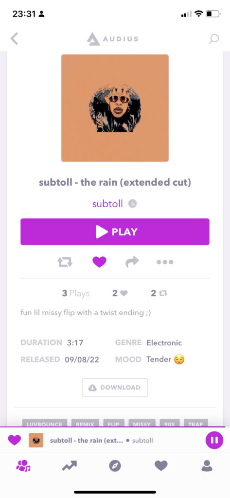 Audius Music mobile app - playing Rain by Missi Eliott remix