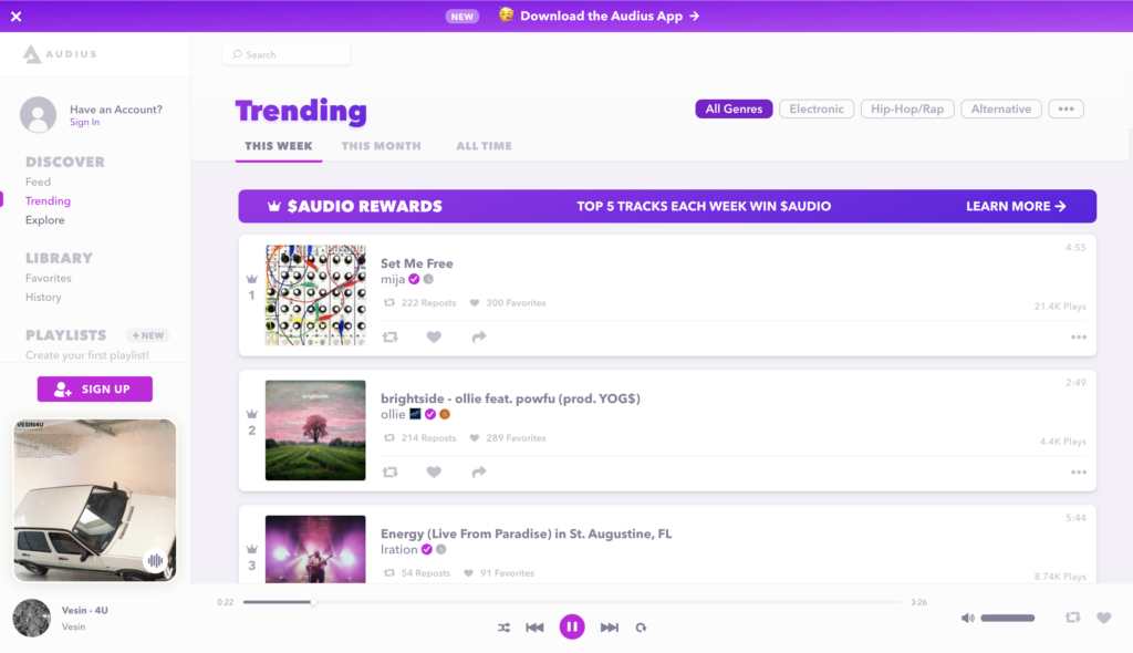 Audius Trending page