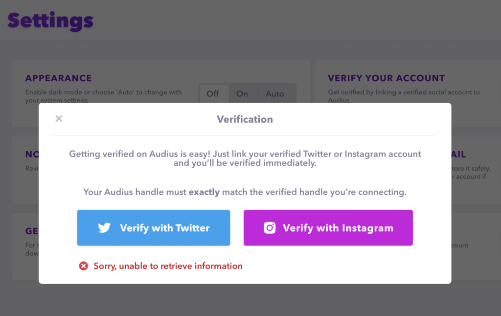 failed to verify twitter account on audius