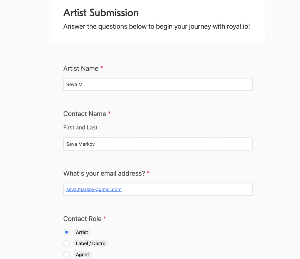 Royal.io song or album submission form screenshot
