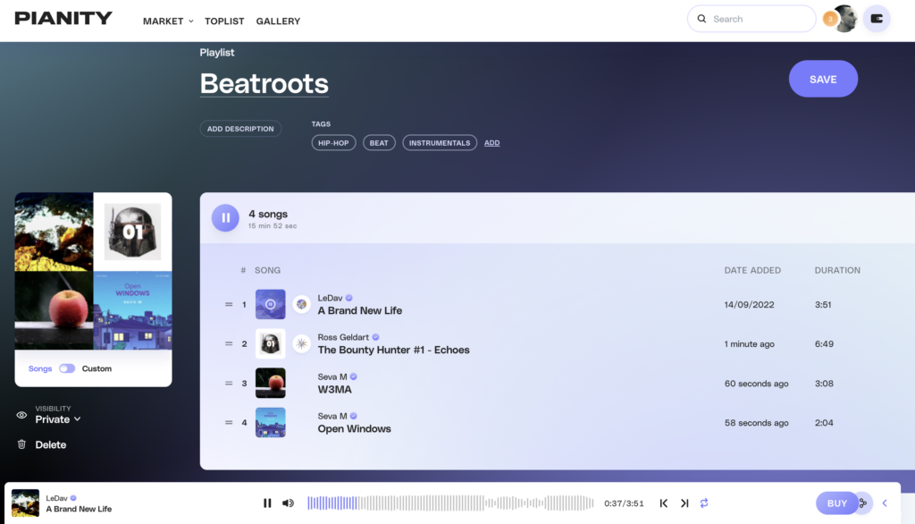 Screenshot of a playlist created on Pianity