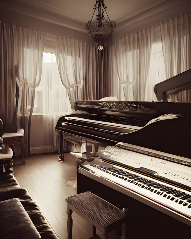 drawing of a cozy room with two huge pianos