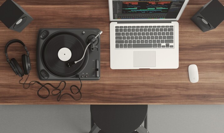 computer, headphones and a turntable